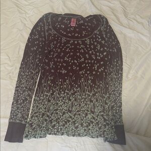 Free People Brown and Green Floral Long Sleeve Top size large EUC